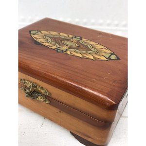 Vtg Art Nouveau MCM Jewelry Trinket Letter Cedar Wood Box Gold Inlay 5” 4” Boho